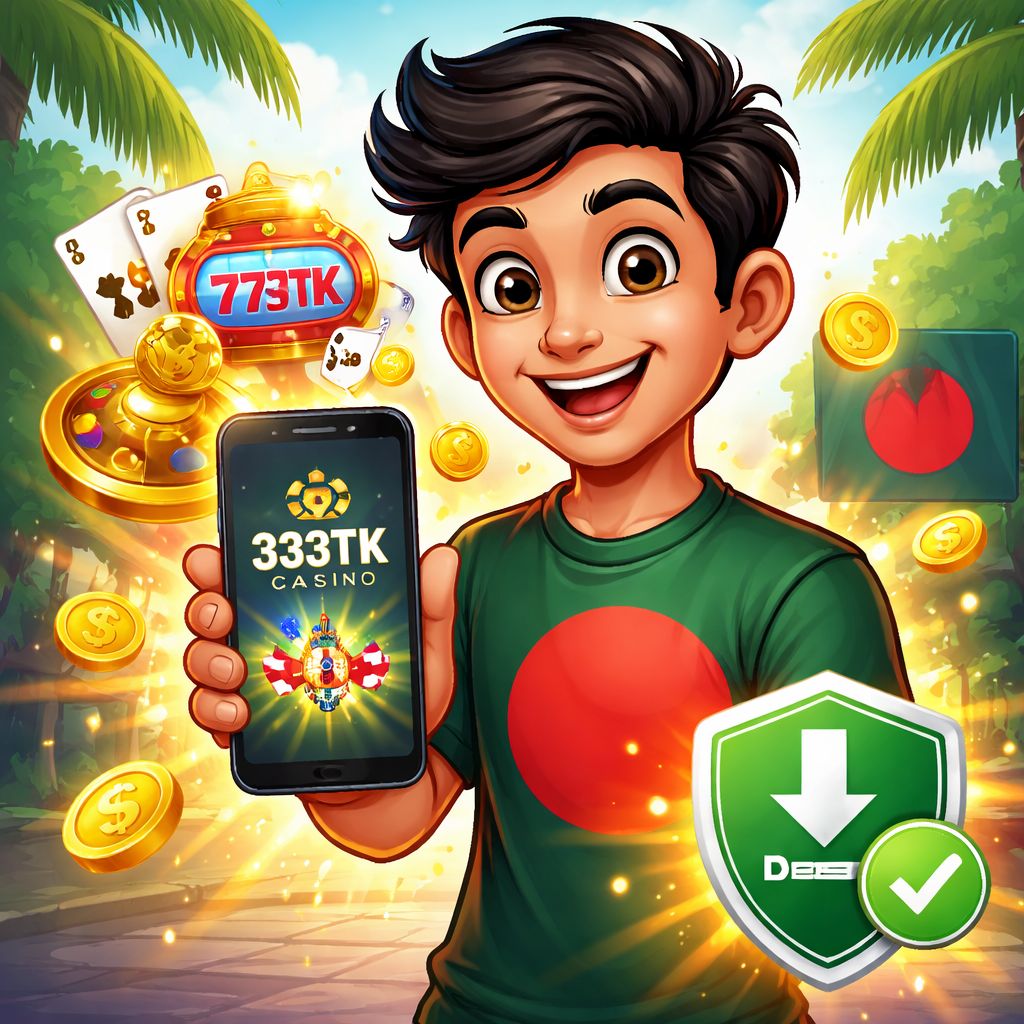 Cartoon Android user holding a phone with 333TK app, coins, and game icons