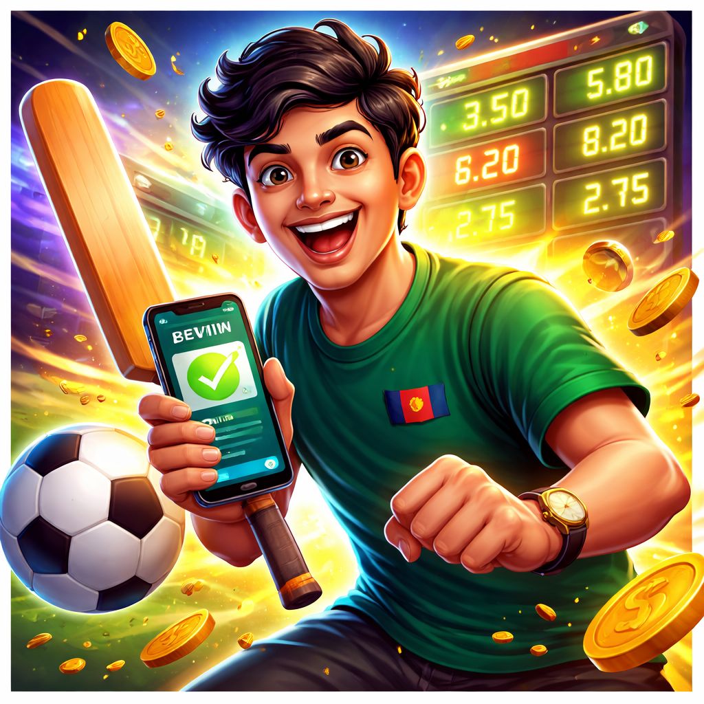 Cartoon sports fan using the 333TK Bet app with cricket and football icons