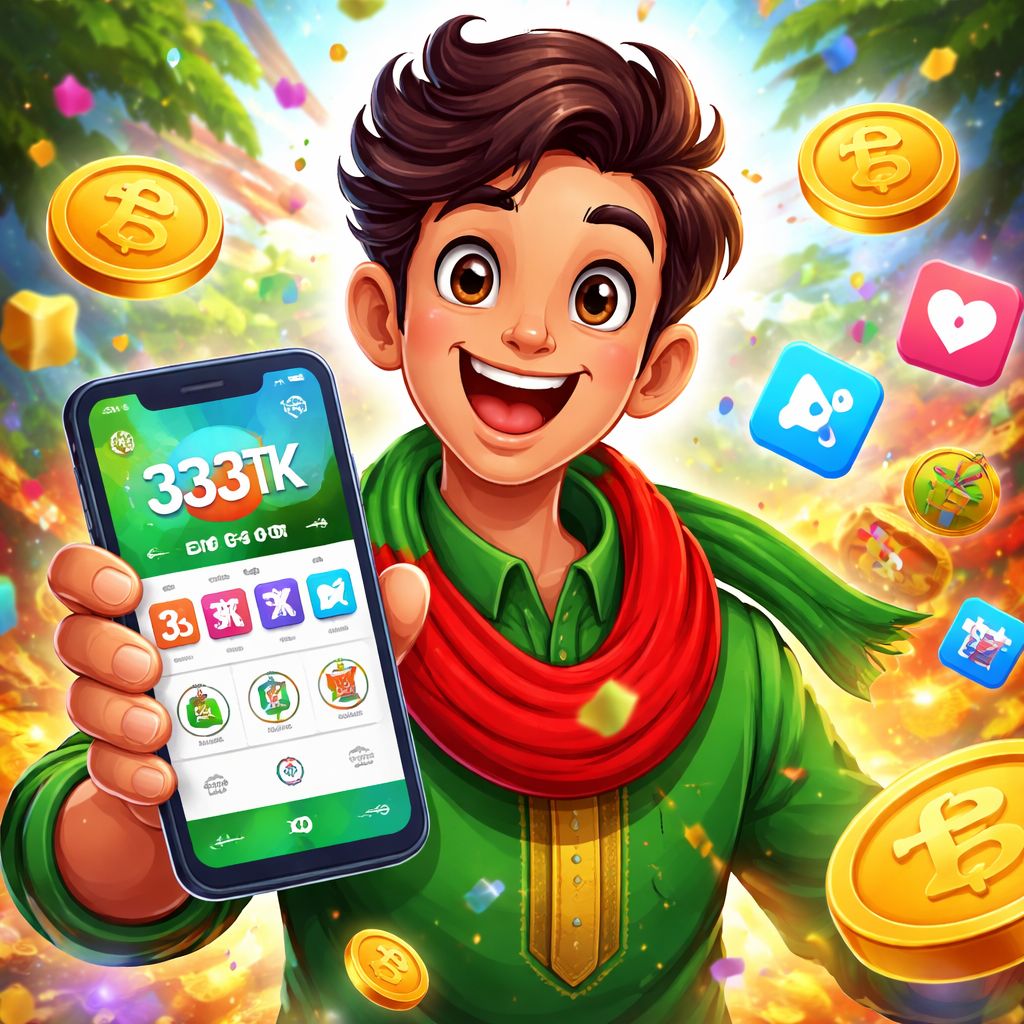 333TK cartoon mobile player with coins, app icons, and Bangladesh-inspired colors