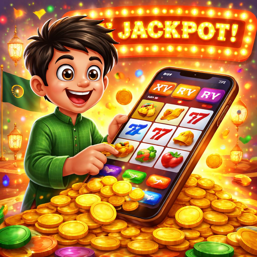 Cartoon slot player celebrating a jackpot with coins and colorful reels in Bangladesh